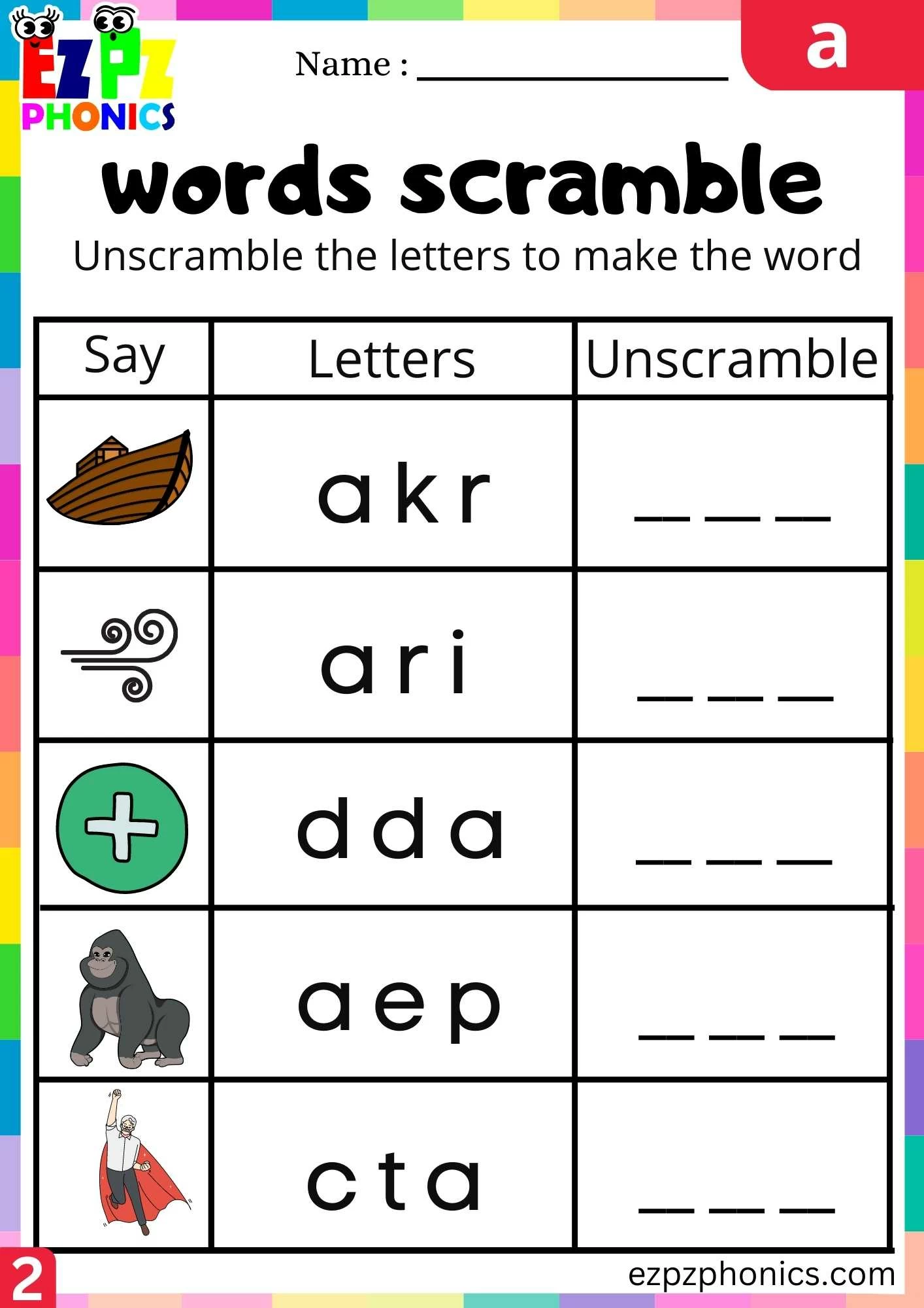 Group2 Letter a Words Scramble Beginning Sounds Worksheet